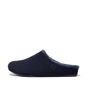 Black Men's FitFlop SHOVE Shearling-Lined Suede Slippers | 2186-UMJYF