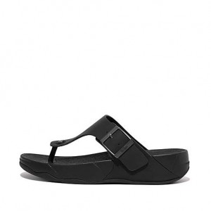 Black Men's FitFlop TRAKK II Buckle Nubuck Toe-Posts Flip Flops | 1604-OBEZG