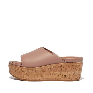 Black Women's FitFlop ELOISE Cork-Wrap Leather Wedge Slides | 1534-UWKDH