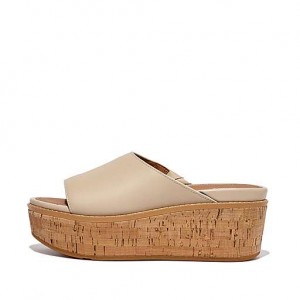 Black Women's FitFlop ELOISE Cork-Wrap Leather Wedge Slides | 3520-NVSEZ