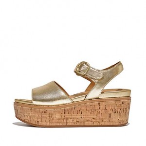 Black Women's FitFlop ELOISE Cork-Wrap Metallic-Leather Back-Strap Wedge Sandals | 0758-AGKMS