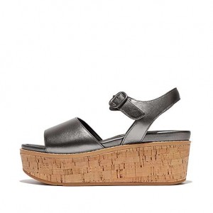 Black Women's FitFlop ELOISE Cork-Wrap Metallic-Leather Back-Strap Wedge Sandals | 7910-BNOKT