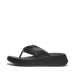 Black Women's FitFlop F-MODE Leather-Twist Flatform Toe-Post Sandals | 9076-JGVNT