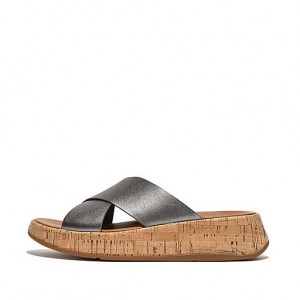 Black Women's FitFlop F-MODE Metallic Leather/Cork Flatform Cross Slides | 2819-QGHBU