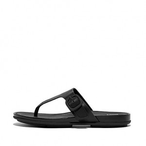 Black Women's FitFlop GRACIE Matt-Buckle Leather Toe-Post Sandals | 5174-LPSMH