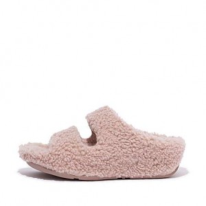 Black Women's FitFlop SHUV Two-Bar Shearling Slippers | 1329-BLQIX