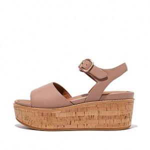 Brown Women's FitFlop ELOISE Cork-Wrap Leather Wedge Sandals | 3186-COZBP