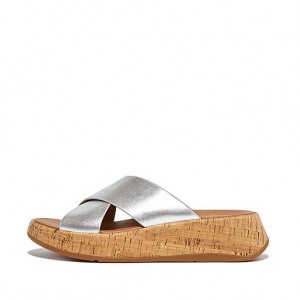 Brown Women's FitFlop F-MODE Metallic Leather/Cork Flatform Cross Slides | 0958-BICOQ