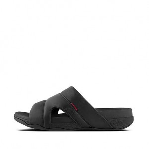 Grey Men's FitFlop FREEWAY Leather Pool Slides | 2974-QHCGO