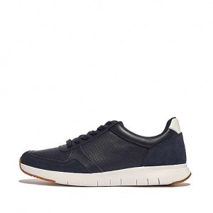 Navy Men's FitFlop ANATOMIFLEX Leather-Mix Sneakers | 0387-KWZSU