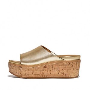 Navy Women's FitFlop ELOISE Cork-Wrap Metallic-Leather Wedge Slides | 5907-NURMS