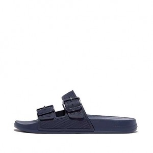 Navy Women's FitFlop IQUSHION Two-Bar Buckle Slides | 9406-RVDYJ