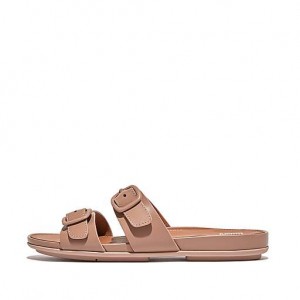 Pink Women's FitFlop GRACIE Buckle Two-Bar Leather Slides | 5649-SIQAM