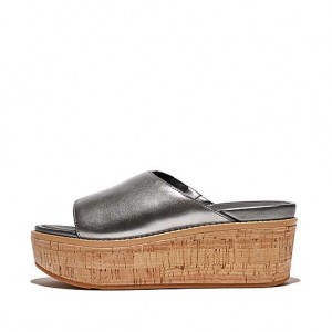 Silver Women's FitFlop ELOISE Cork-Wrap Metallic-Leather Wedge Slides | 9148-KNTLA