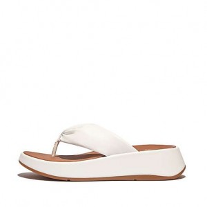 White Women's FitFlop F-MODE Leather-Twist Flatform Toe-Post Sandals | 8790-MDUZG