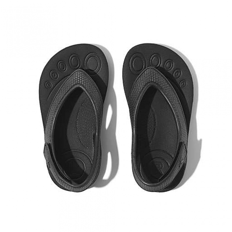 Black Kids' FitFlop IQUSHION Shimmer Ergonomic Back-Strap Flip Flops | 3652-ZNBIF