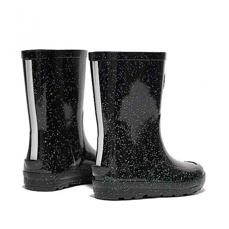 Black Kids' FitFlop WONDERWELLY Glitter Ergonomic Rain Boots | 9152-INQSB