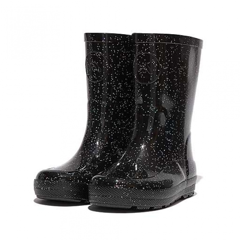 Black Kids' FitFlop WONDERWELLY Glitter Ergonomic Rain Boots | 9152-INQSB