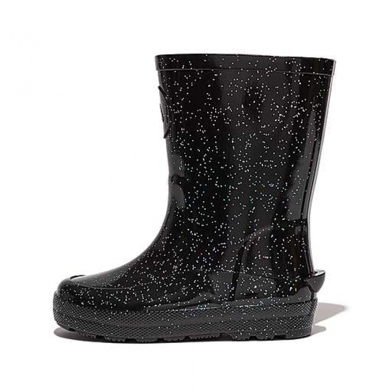 Black Kids\' FitFlop WONDERWELLY Glitter Ergonomic Rain Boots | 9152-INQSB