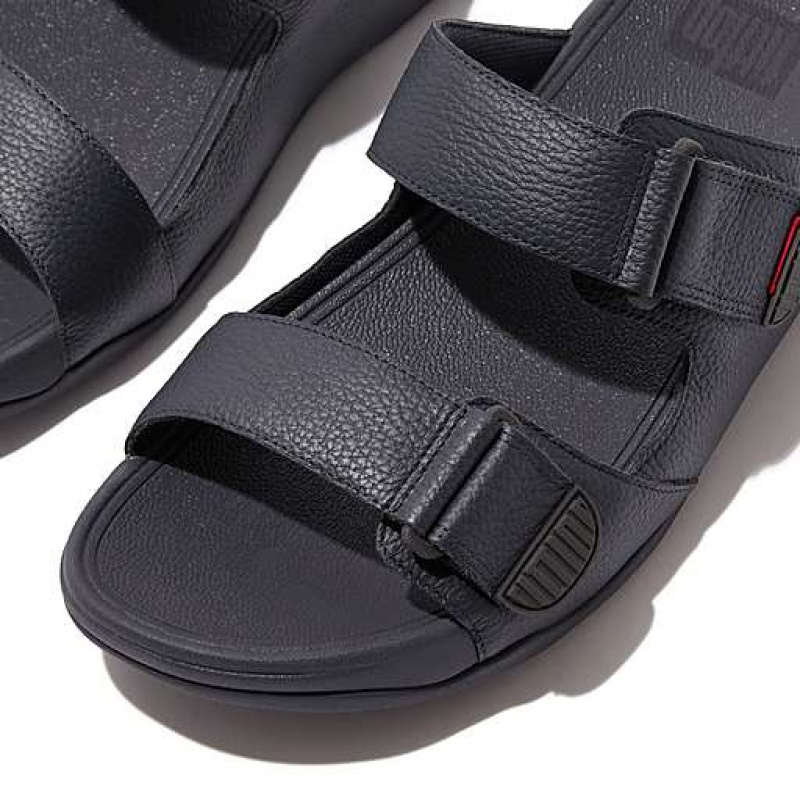 Black Men's FitFlop GOGH MOC Adjustable Leather Slides | 9706-QSARX