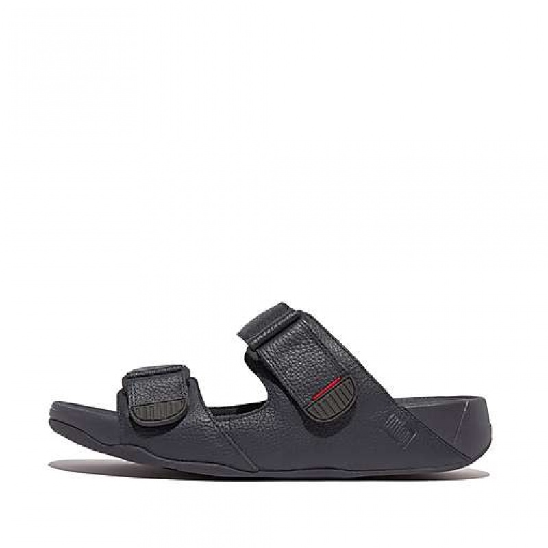 Black Men\'s FitFlop GOGH MOC Adjustable Leather Slides | 9706-QSARX