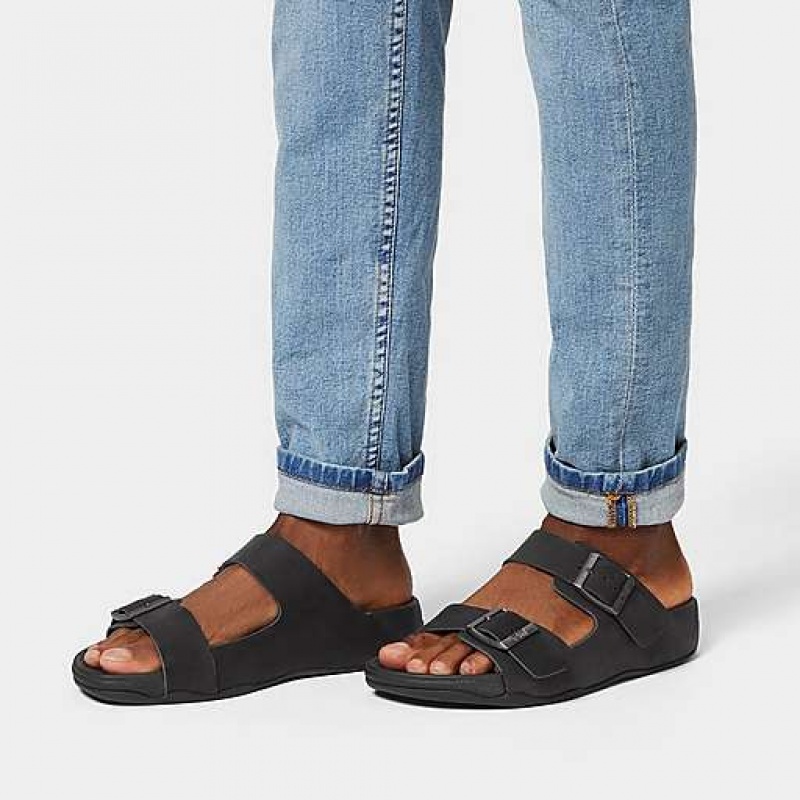 Black Men's FitFlop GOGH MOC Buckle Nubuck Slides | 1785-NFYTQ