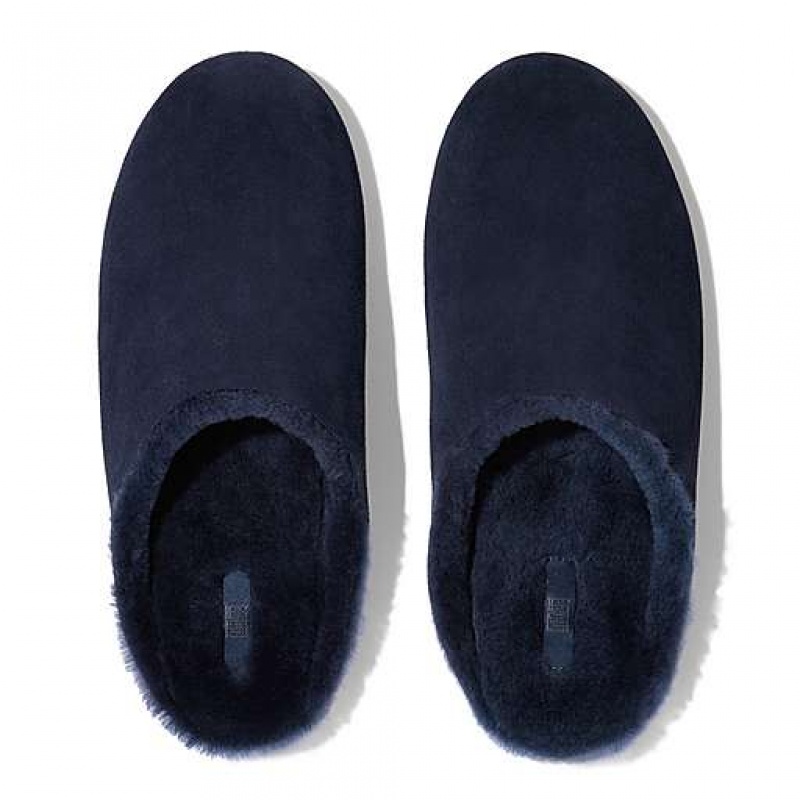 Black Men's FitFlop SHOVE Shearling-Lined Suede Slippers | 2186-UMJYF