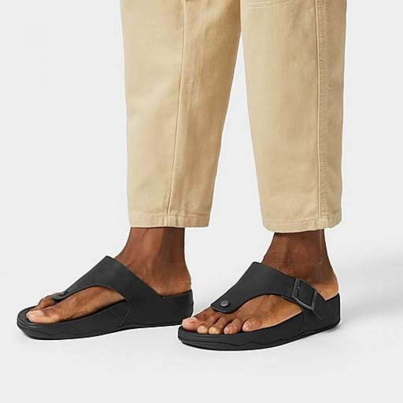 Black Men's FitFlop TRAKK II Buckle Nubuck Toe-Posts Flip Flops | 1604-OBEZG