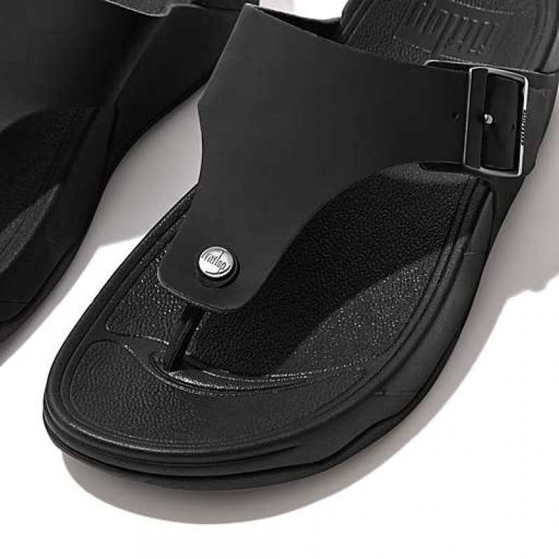 Black Men's FitFlop TRAKK II Buckle Nubuck Toe-Posts Flip Flops | 1604-OBEZG