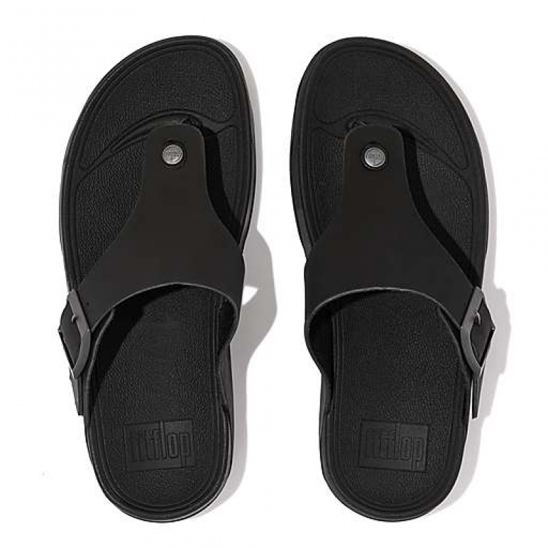 Black Men's FitFlop TRAKK II Buckle Nubuck Toe-Posts Flip Flops | 1604-OBEZG