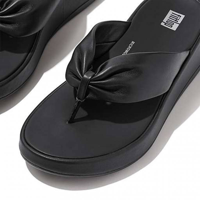 Black Women's FitFlop F-MODE Leather-Twist Flatform Toe-Post Sandals | 9076-JGVNT