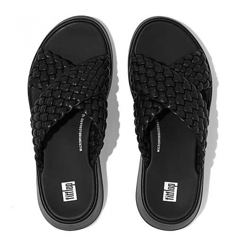 Black Women's FitFlop F-MODE Woven-Leather Flatform Cross Slides | 4813-JWHFG