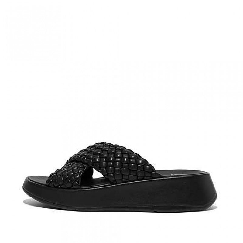 Black Women\'s FitFlop F-MODE Woven-Leather Flatform Cross Slides | 4813-JWHFG