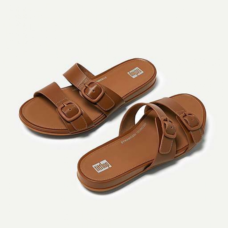 Black Women's FitFlop GRACIE Buckle Two-Bar Leather Slides | 0958-HZUQF