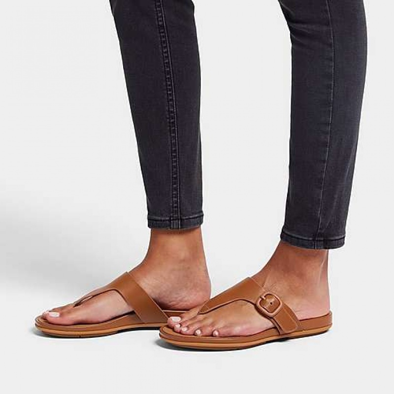 Black Women's FitFlop GRACIE Matt-Buckle Leather Toe-Post Sandals | 5408-ZVDLH