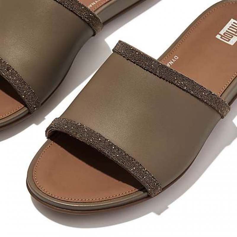 Black Women's FitFlop GRACIE Opul-Trim Leather Slides | 6415-BWCYU