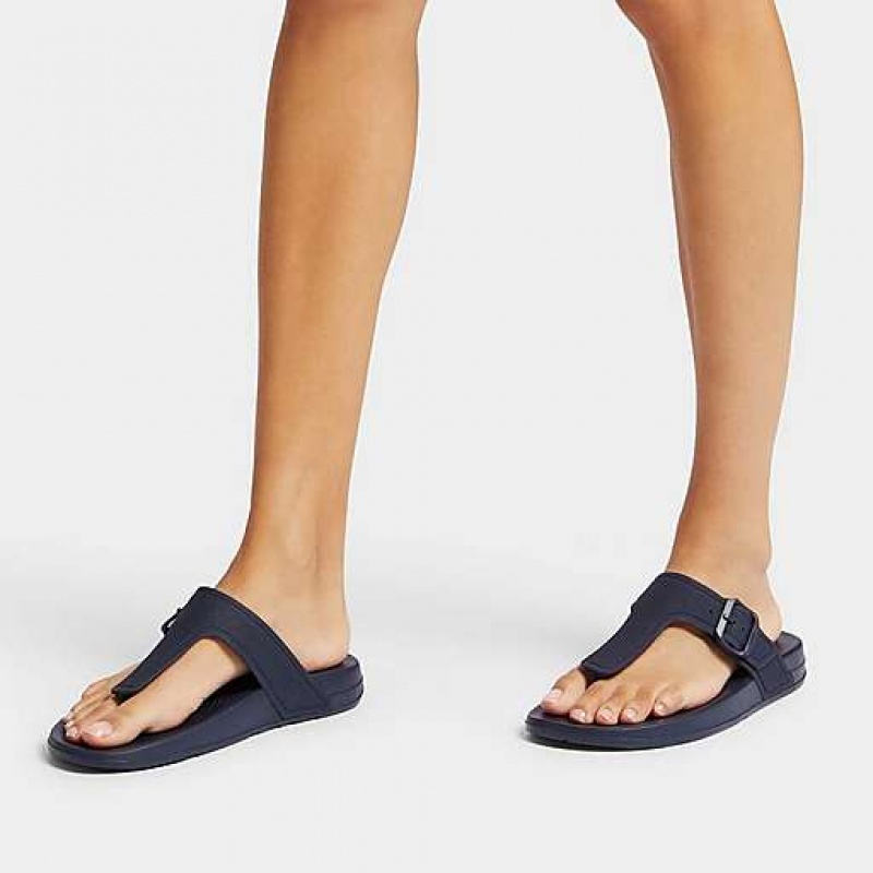 Black Women's FitFlop IQUSHION Adjustable Buckle Flip Flops | 7483-TWPJO