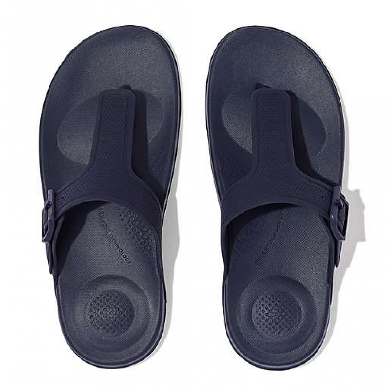 Black Women's FitFlop IQUSHION Adjustable Buckle Flip Flops | 7483-TWPJO