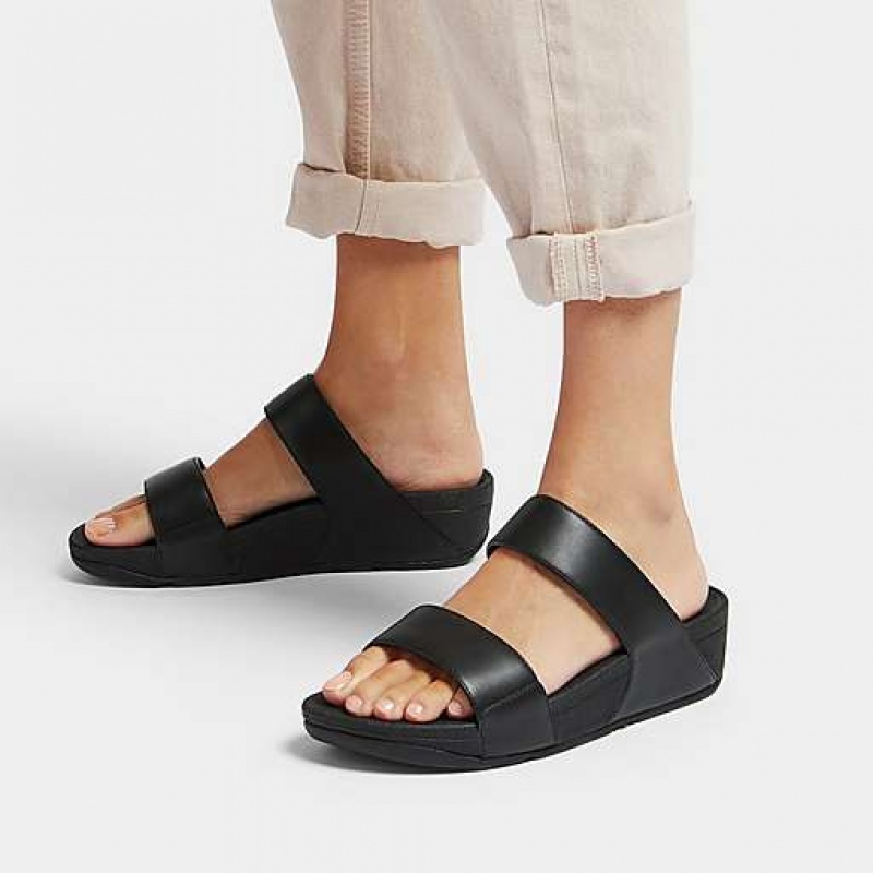 Black Women's FitFlop LULU Adjustable Leather Slides | 8763-FQCMD