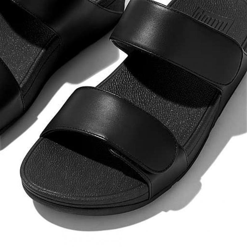 Black Women's FitFlop LULU Adjustable Leather Slides | 8763-FQCMD