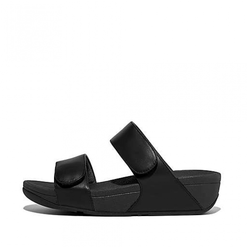 Black Women\'s FitFlop LULU Adjustable Leather Slides | 8763-FQCMD