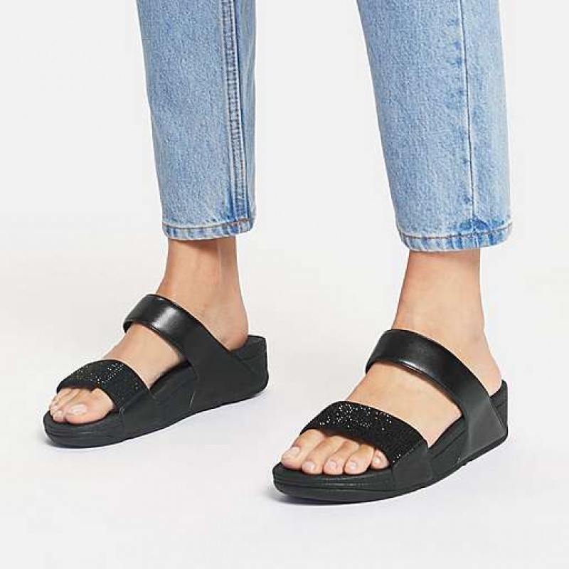 Black Women's FitFlop LULU Crystal Slides | 4016-SBXPV