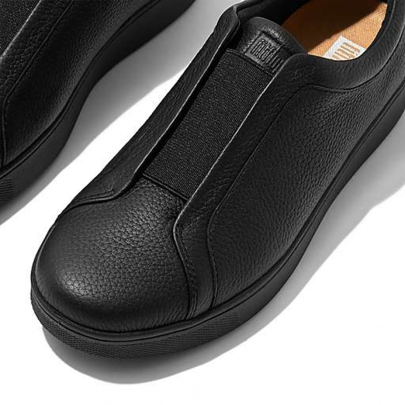 Black Women's FitFlop RALLY Elastic Tumbled-Leather Slip-On Sneakers | 0846-BTXLA