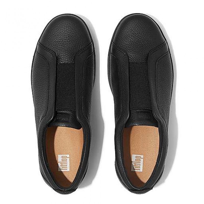 Black Women's FitFlop RALLY Elastic Tumbled-Leather Slip-On Sneakers | 0846-BTXLA