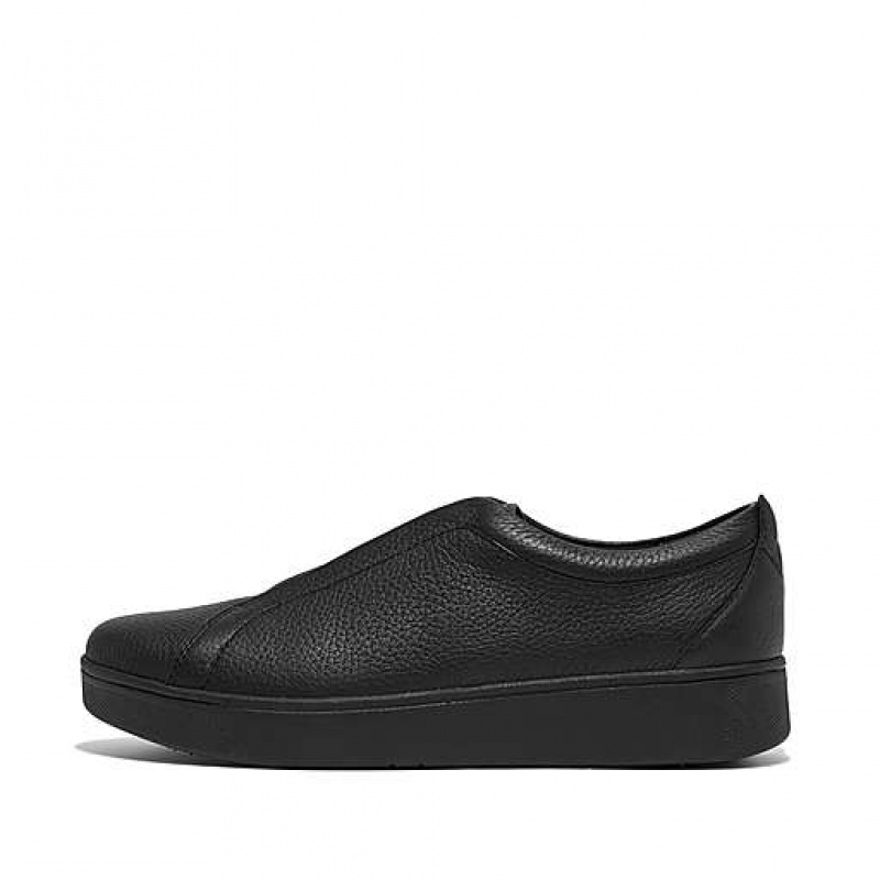 Black Women\'s FitFlop RALLY Elastic Tumbled-Leather Slip-On Sneakers | 0846-BTXLA