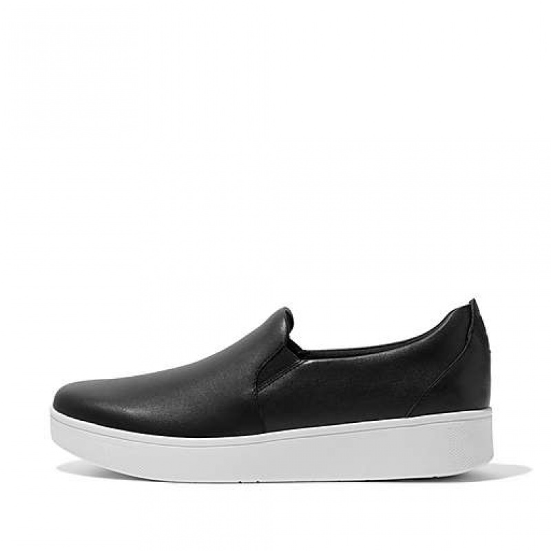 Black Women\'s FitFlop RALLY Leather Slip-On Skate Sneakers | 7126-YDGHB