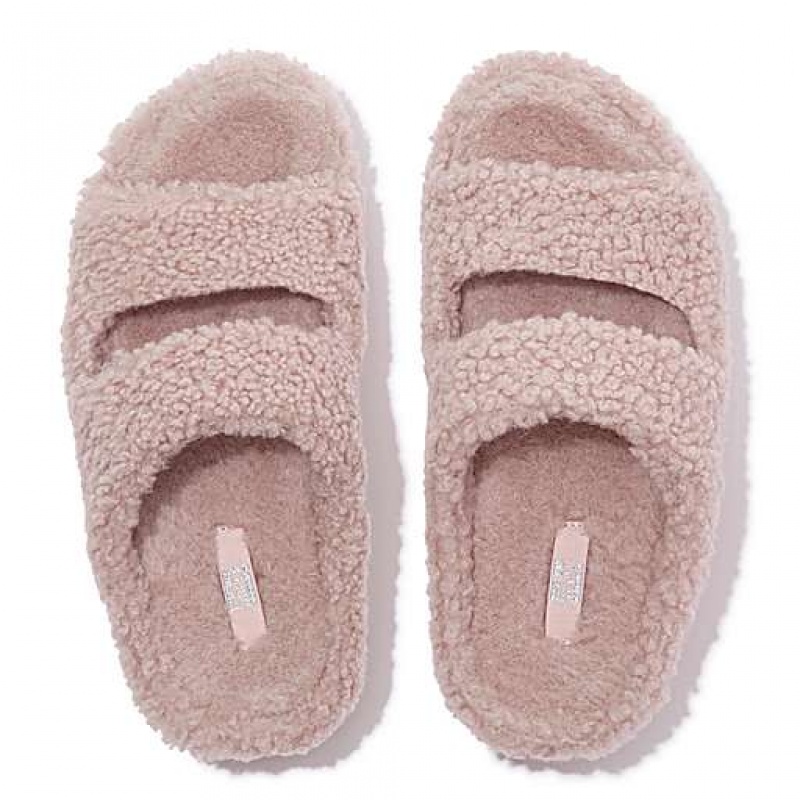 Black Women's FitFlop SHUV Two-Bar Shearling Slippers | 1329-BLQIX