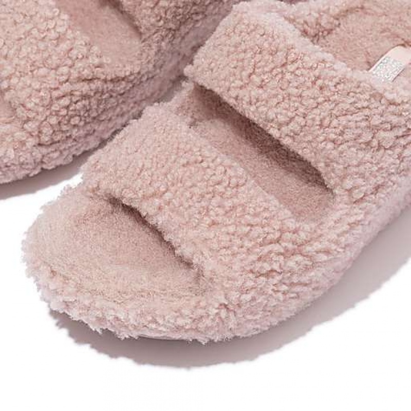 Black Women's FitFlop SHUV Two-Bar Shearling Slippers | 1329-BLQIX