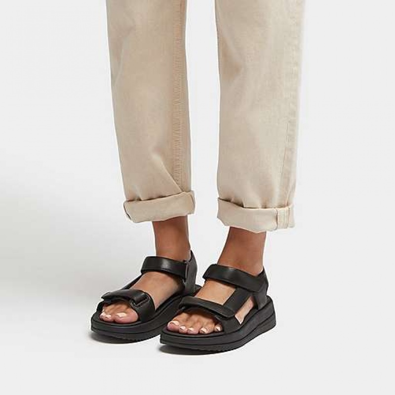 Black Women's FitFlop SURFF Adjustable Leather Back-Strap Sandals | 8605-DXFLC