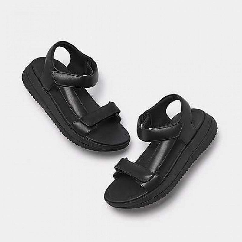 Black Women's FitFlop SURFF Adjustable Leather Back-Strap Sandals | 8605-DXFLC